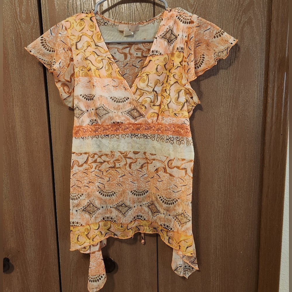 Obe Y2K Babydoll Tie Back Flutter Sleeve Sheer Top Shirt Patterned Size XL